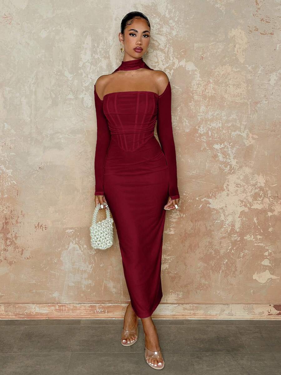 SHEIN BAE Váy dài tay không dây xương cá màu trắng, váy thanh lịch cho phụ nữ vào mùa thu - Màu Đỏ Sâu - Xem 1