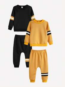 SHEIN 4 件套男婴和女婴中性拼色黄黑色圆领运动衫和运动裤套装，适合秋冬季休闲外出或家居服 - 彩色 - 查看 3