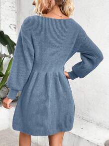 SHEIN Clasi 女式优雅纯色镂空领口灯笼袖仿珍珠装饰高腰毛衣连衣裙 - 水鴨藍 - 查看 2