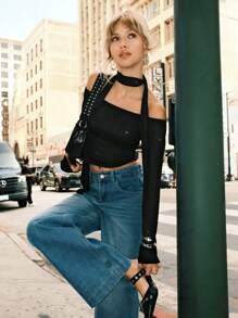 SHEIN EZwear 女士露肩长袖时尚修身优雅迷人纯黑色 T 恤秋冬季