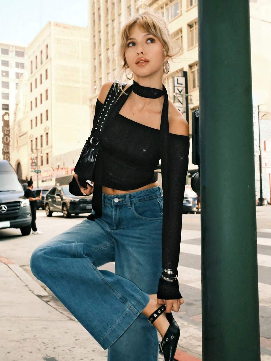 SHEIN EZwear 女士露肩长袖时尚修身优雅迷人纯黑色 T 恤秋冬季