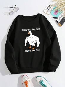 INAWLY 趣味鸭子图案印花长袖圆领卫衣，休闲秋冬套头衫，适合动物爱好者 - 黑色 - 查看 3