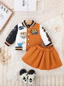 2 件套女婴休闲运动棒球夹克和百褶裙，春/秋 - 棕色 - 查看 3