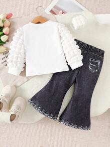 2pcs Set Baby Girl Cartoon Print Sweatshirt + Black Denim Effect Pants, Casual Outfit For Home, Leisure, Travel And Sports