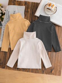 SHEIN 3pcs/Set Baby Girl Toddler All-Match Striped Turtleneck Fleece Long Sleeve T-Shirt Tops, Soft & Warm, For 0-3 Years Old, Autumn/Winter