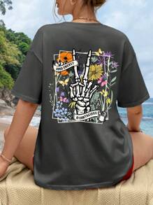 INAWLY 骷髅手和花卉印花落肩 T 恤图案 T 恤女式上衣 - 深灰色 - 查看 2