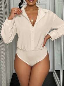 VaVaBold 1 Bộ đồ liền thân đơn giản màu trơn cổ xếp ly phía trước thanh lịch dáng rộng có tay dài - Màu be - Xem 6