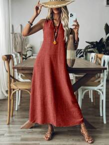 Calvaya 女士无袖纯色连衣裙，适合度假和休闲的长款女士服装