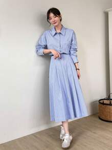 女士长袖衬衫和条纹裙两件套家居服套装 - 藍色 - 查看 1