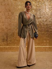 COSMINA 女式前扣长袖条纹简约休闲西装外套（秋冬款） - 咖啡棕 - 查看 3