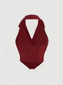 SHEIN MOD White Summer Solid Button Front Halter Top - Burgundy - View 2