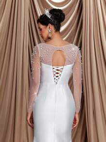 Glamrae Elegantes, luxuriöses beiges Satin-Kleid mit Kontrast-Mesh-Rüschen, Kunstperle und durchsichtigem Langarm mit Raffung, Schlitzdetail und Fischschwanz mit Schleppe, sexy rückenfreies Design, geeignet für Hochzeit, Feiern, Singles-Party, Urlaub, Ball, Brautkleid, weiß - Beige - Übersicht 6