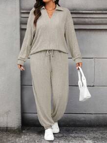 Calvaya 2pcs/Set Plus Size Solid Color Ribbed Long Sleeve Top And Drawstring Long Pants Fall - Apricot - View 7