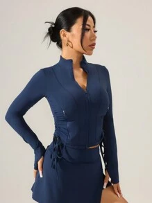 SHEIN Sports Solid Color Stand Collar Zip-Up Pockets Slim Fit Long Sleeve Athletic Jacket