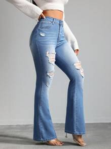 SHEIN Tall 女式牛仔裤紧身弹力破洞喇叭裤蓝色高腰紧身喇叭裤牛仔裤女式紧身裤牛仔布喇叭裤紧身裤喇叭裤高腰女裤，秋季女装 - 中等水洗藍 - 查看 7