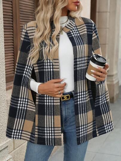 EMERY ROSE Women's Elegant Plaid Hooded Cloak Coat, Autumn/Winter