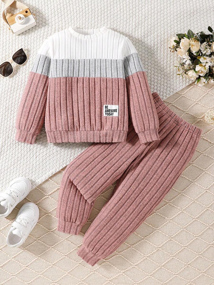 SHEIN Elladie kids 2件組少女圓領抓絨套頭衫(附肘部補丁)與鬆緊腰長褲,黑色校園秋季款 - 藕粉色 - 查看 1