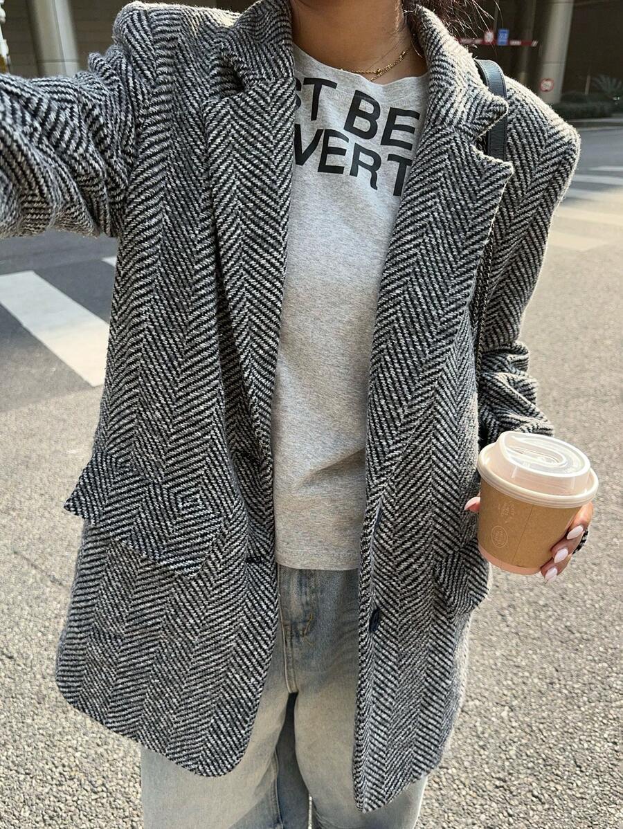 Muchica Chaqueta de traje gris para mujer de otoño - Blanco y Negro - Ver 1