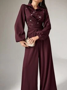 Modelyn 2pcs Women's Solid Color Front Button Crystal Decor Pleated Crossover Wrap Long Sleeve Top And Pants Elegant Set 2 Pieces Set