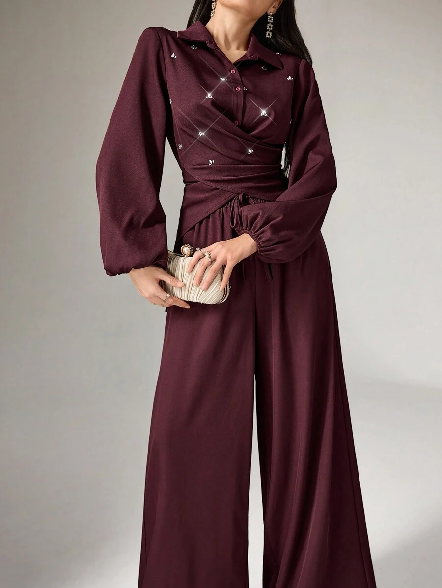 Modelyn 2pcs Women's Solid Color Front Button Crystal Decor Pleated Crossover Wrap Long Sleeve Top And Pants Elegant Set 2 Pieces Set