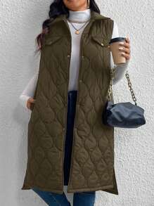 SHEIN LUNE Plus Size Women Single Breasted Long Padded Padded Vest Jacket, Solid Color, For Winter New Years Women Outfit Winter Dresses Winter Clothes Women Rave Outfits Thanksgiving Outfit Women