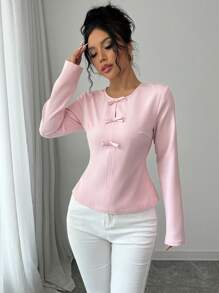 Selianne 女士纯色圆领优雅休闲通勤圣诞约会可爱蝴蝶结装饰衬衫春秋长袖上衣 - 淺粉色 - 查看 7