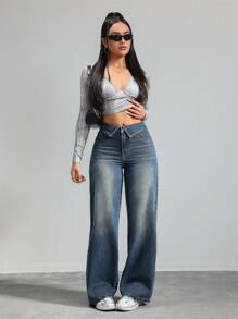SHEIN Tall Women's Jeans Casual Fit Straight Trousers Blue Women's Loose Jeans Tall Women Pants Low Rise Baggy Jeans, Fall Women Clothes