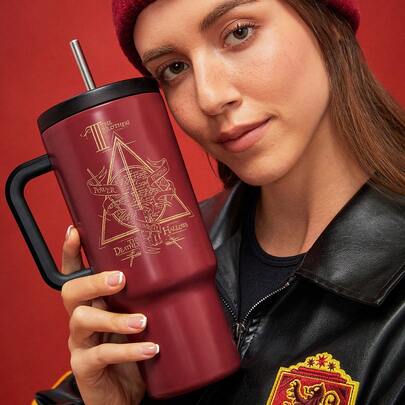 HARRY POTTER X SHEIN Deathly Hallows 40oz Vacuum Insulated Water Bottle With Handle, Glossy Golden Letter Print,Gifts