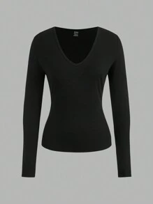 SHEIN EZwear 2pcs/Set Plus Size Women Deep V-Neck Slim Fit Casual Long Basic Long Sleeve T-Shirt Pullover Suit, Suitable For Autumn/Winter - Black and White - View 4