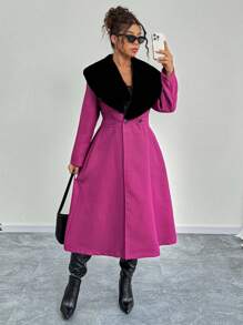 SHEIN Unity Women Plus Size Colorblock Fluffy Collar Double-Breasted Long Overcoat, Autumn/Winter Fall Cloth For Women - Purple - View 4