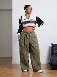 SHEIN ICON Quần Jeans Ống Rộng Túi Hộp Size Lớn Cho Nữ Thường Ngày Thoải Mái - xanh quân đội - Xem 3