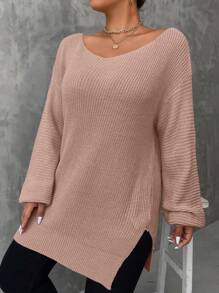 SHEIN LUNE Plus Size Jednokolorowy sweter z rozcięciem z boku, swobodny na jesień/zimę