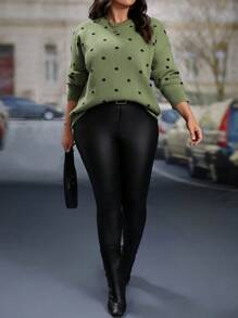 SHEIN LUNE 大码女式休闲波点图案落肩毛衣，秋冬针织套头衫 - 綠色 - 查看 6