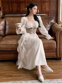 DAZY 女士秋季长袖宫廷风中长连衣裙，新年舞会礼服，荷叶边奢华优雅女装 - 米色 - 查看 3