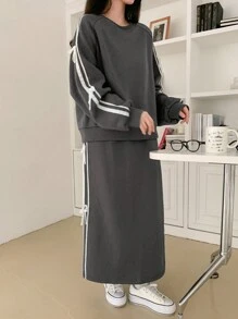 DAZY Bộ 2 áo nỉ và quần dài cho nữ, áo chui đầu cổ tròn tay dài có nơ trang trí, bộ đồ thể thao thu đông cho nữ - Màu Xám nhạt - Xem 3