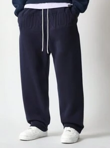 SUMWON 宽松运动裤，弹性脚踝抽绳腰部羊毛冬季运动休闲慢跑裤，健身训练家居服 - 藏蓝色 - 查看 1