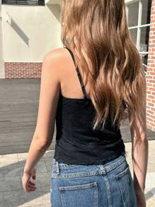 INAWLY Women's Summer Ruched Fitted Fashion Black Cami Top - Black - View 2