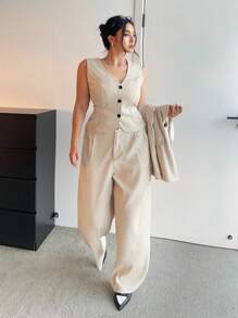 Calvaya 3 件套杏色套装：夹克、背心和裤子，适合办公室和通勤，秋季 - 白色 - 查看 5