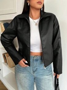 SHEIN EZwear 大码女式黑色休闲拉链长袖夹克，适合冬季 - 黑色 - 查看 7