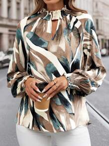 SHEIN Clasi 女士秋季休闲镂空花卉印花荷叶边领长袖衬衫，适合通勤和户外穿着 - 彩色 - 查看 11