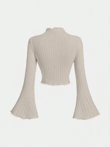 SHEIN MOD 大码女式蓬松 T 恤，撞色缝线和喇叭袖，适合秋冬季 - 卡其色 - 查看 2