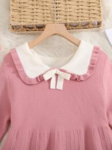 SHEIN 青少年女孩休闲合身彼得潘领花卉反领 A 字形毛衣连衣裙 - 粉色 - 查看 3