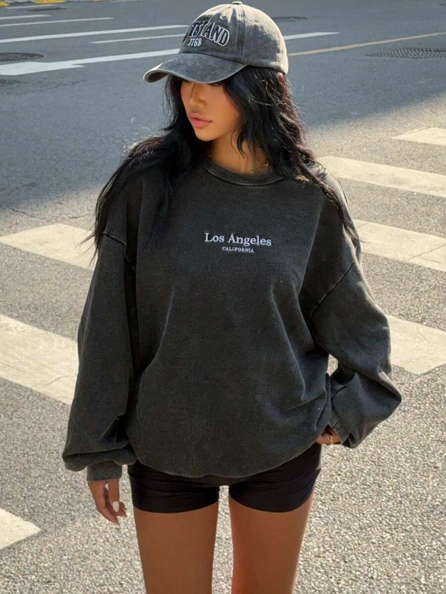 SHEIN EZwear Women's New Style Distressed Letter Embroidery Fleece Sweatshirt - Black - View 1