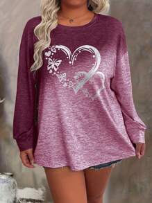 Plus Size Women's Casual Long Sleeve T-Shirt With Butterfly & Heart Prints, Autumn Graphic Tees Women Tops For Spring Outfit