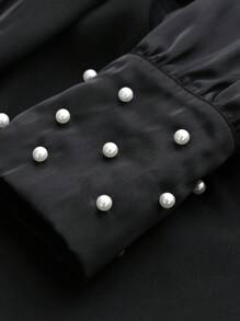 SHEIN Clasi 女士纯色水钻珍珠镂空纽扣长袖衬衫，适合秋季女士衬衫 - 黑色 - 查看 4