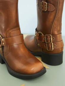 Mini mi Kid's Bestseller Cool Girl Square Toe Buckle Moto Boots - Distressed Materials, Comfort & Stylish