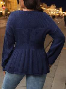 SHEIN LUNE Plus Size Women's Solid Color V-Neck Long Sleeve Ruffled Hem Casual Pullover Sweater Knit Pullover Fall Winter - Navy Blue - View 2