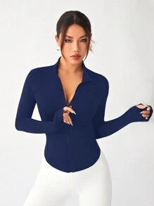 SHEIN Sports 女士拉链前口袋修身运动夹克 - 藏蓝色 - 查看 2