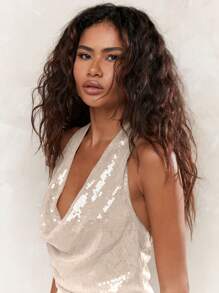 MISSGUIDED 亮片迷你连衣裙，露背吊带设计，适合派对、晚宴、婚礼、正式场合、假日、新年夜、夜店等场合，闪亮亮片，修身垂褶设计。 - 杏色 - 查看 3