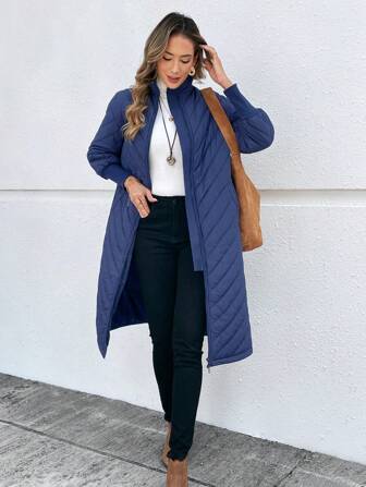 SHEINNeu Abrigo básico de salida de mujer azul marino de estilo acolchado con cuello alto, bolsillos de cremallera doble, ideal para un uso casual y de viaje